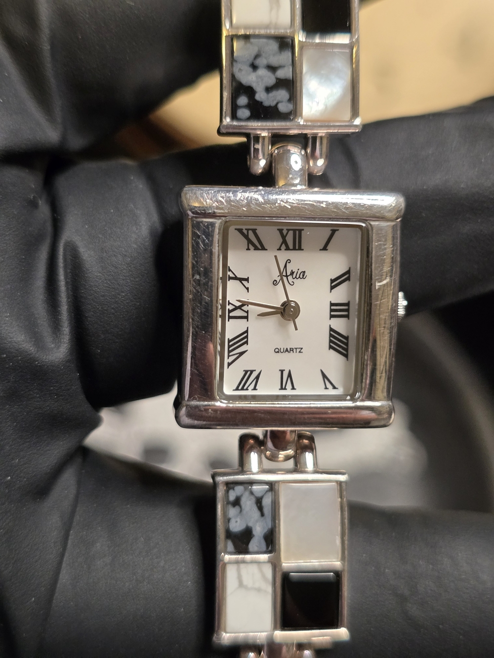 Ladies' Aria Sterling Silver Tank Watch - Mother or Pearl & Onyx Checkered Band